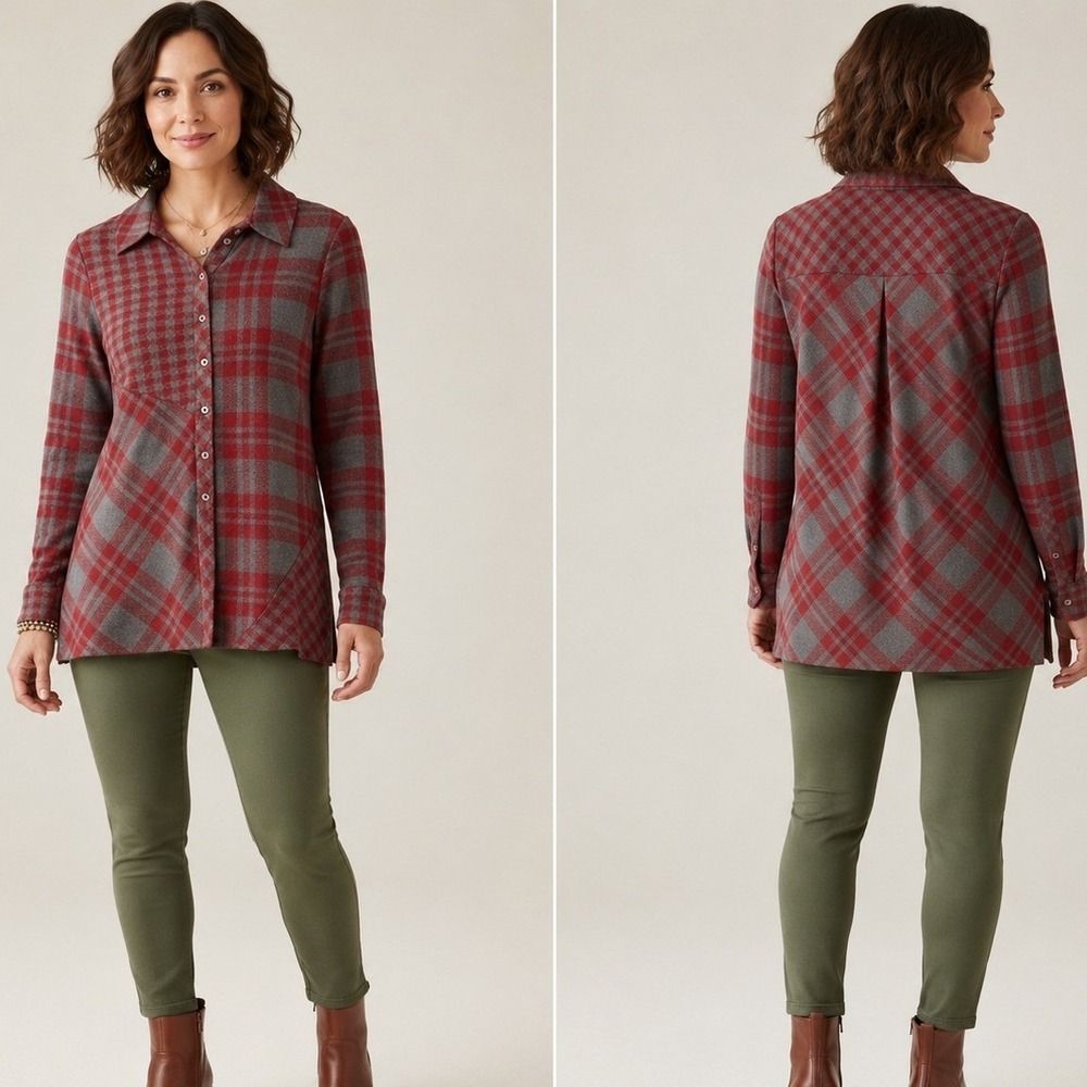 Soft Surroundings Button Down Flowy Tunic Size Small Red Gray Plaid Mixed‎ Knit